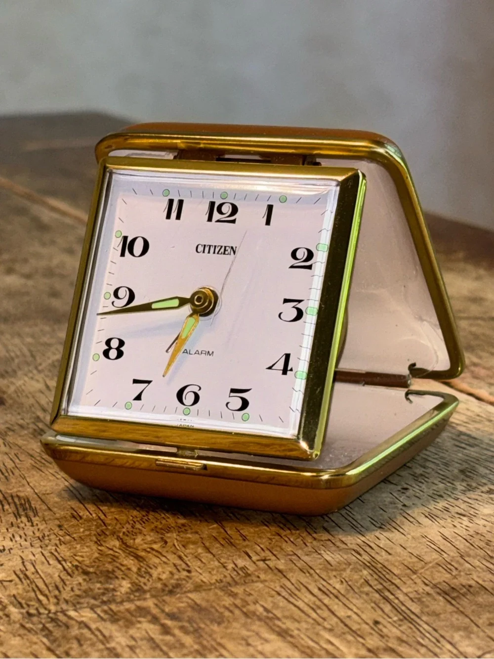 Vintage Citizen Japan Folding Travel Alarm Clock Gold Tone Brown Case Luminous